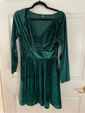 Emerald Velvet Long-Sleeve Wrap Skater Dress